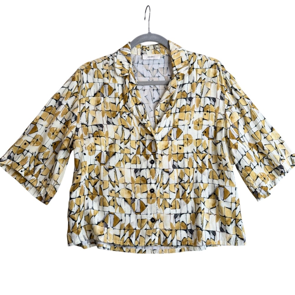 Sita Murt Abstract Printed Button Down Blouse Top Womens 36 Yellow Artsy Chic